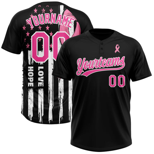 Custom Black Pink-White American Flag With Pink Ribbon Breast Cancer Awareness Month Women Health Care Support Two-Button Unisex Softball Jersey - Main View