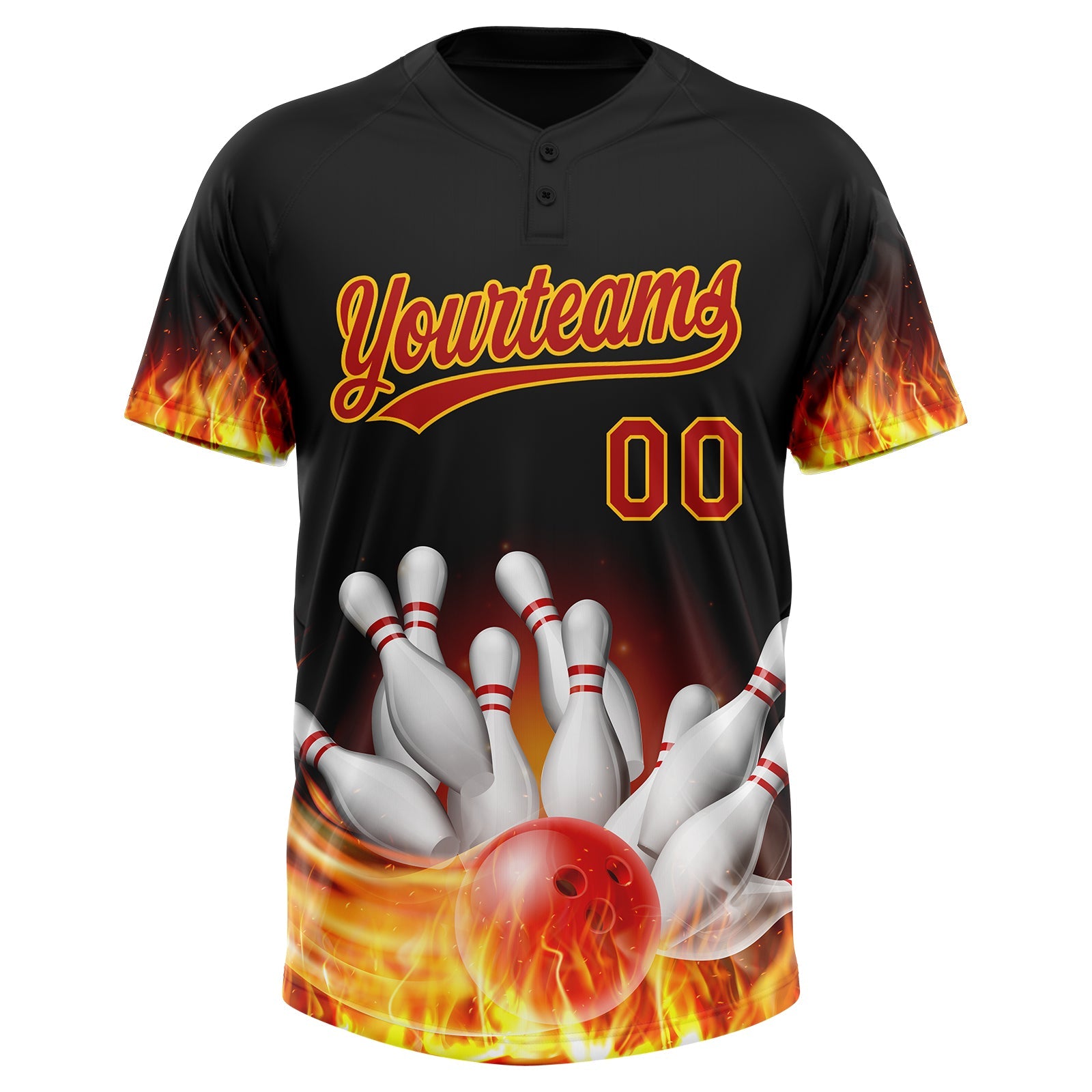 Custom Black Red-Yellow Flame Bowling 3D Pattern Design Two-Button Unisex Softball Jersey view 2