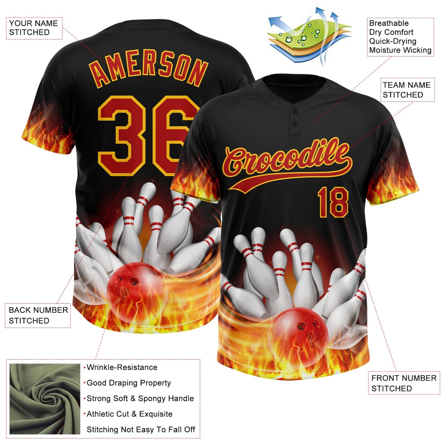 Custom Black Red-Yellow Flame Bowling 3D Pattern Design Two-Button Unisex Softball Jersey view 3