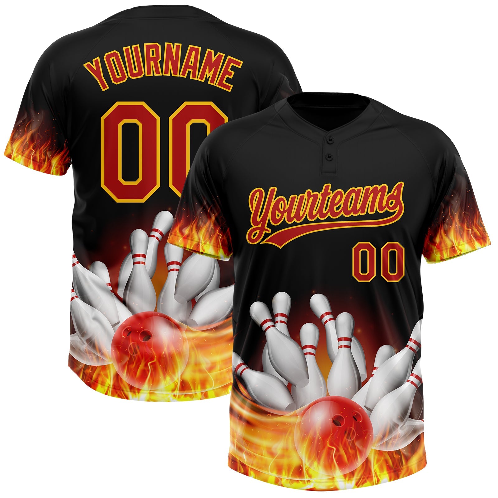 Custom Black Red-Yellow Flame Bowling 3D Pattern Design Two-Button Unisex Softball Jersey - Main View