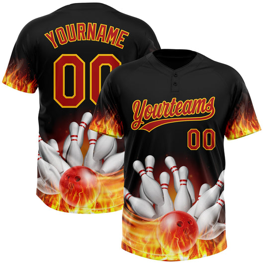 Custom Black Red-Yellow Flame Bowling 3D Pattern Design Two-Button Unisex Softball Jersey - Main View