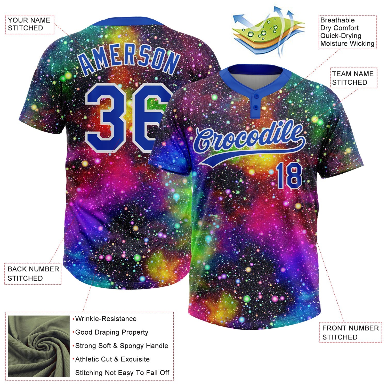 Custom Graffiti Pattern Thunder Blue-White Galaxy Star Two-Button Unisex Softball Jersey view 3