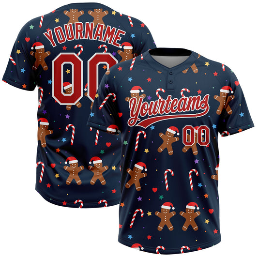 Custom Navy Red-White Christmas 3D Pattern Design Two-Button Unisex Softball Jersey - Main View