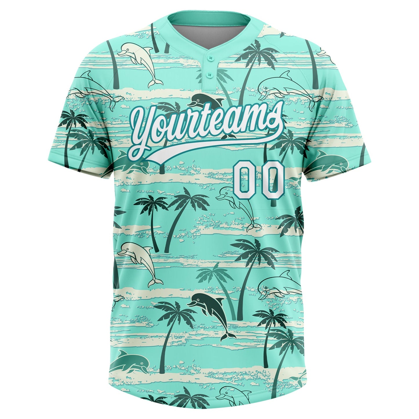 Custom Teal White Hawaii Palm Trees And Dolphin Two-Button Unisex Softball Jersey view 2