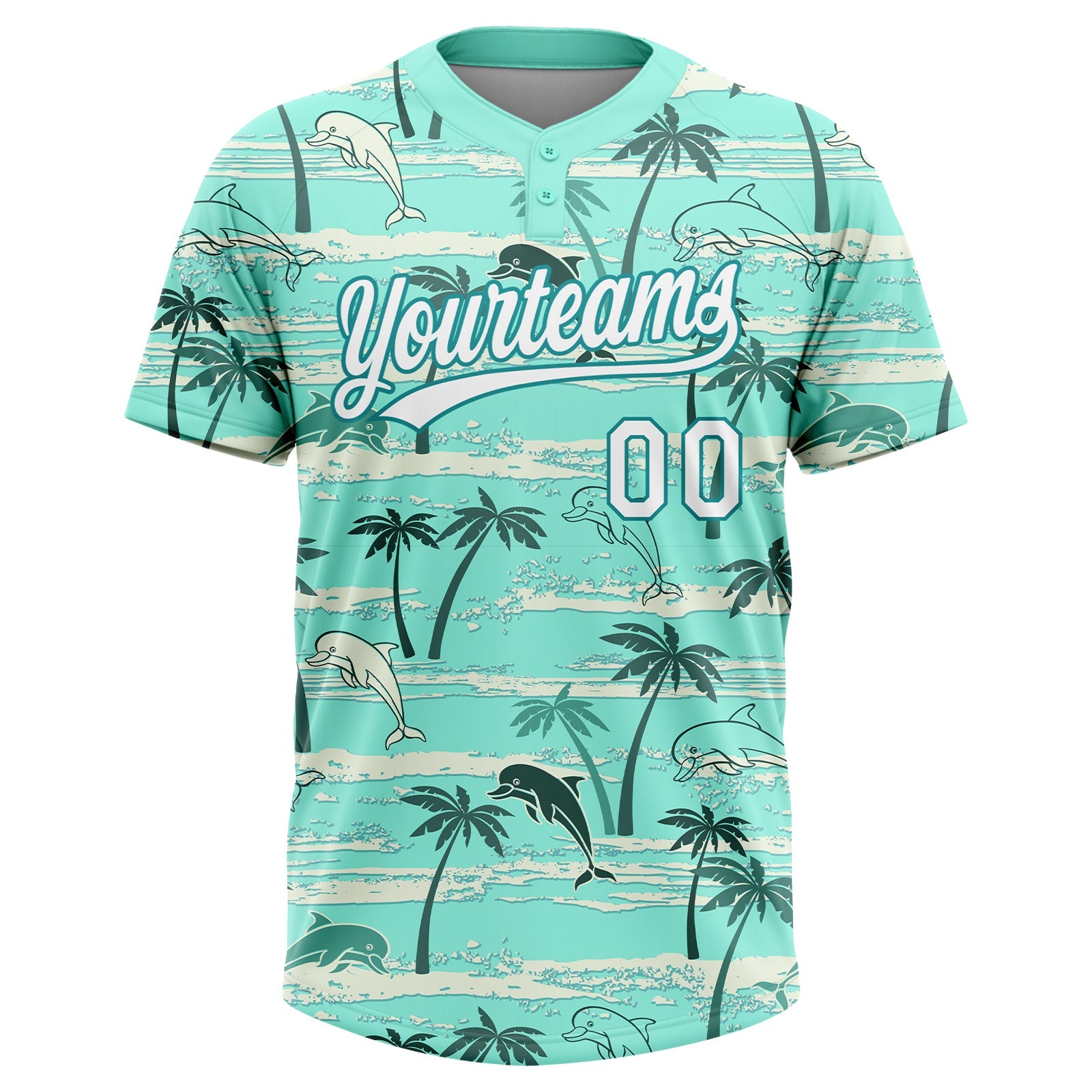 Custom Teal White Hawaii Palm Trees And Dolphin Two-Button Unisex Softball Jersey view 2