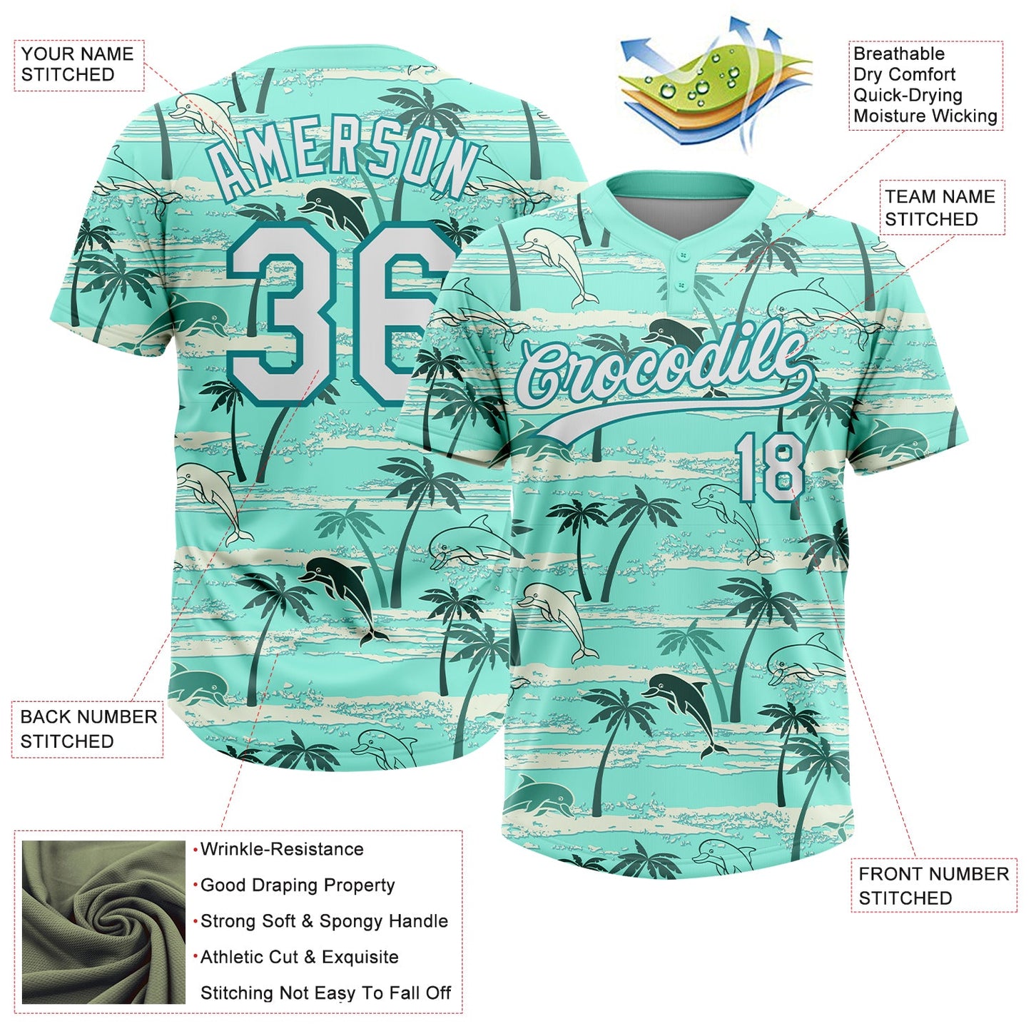 Custom Teal White Hawaii Palm Trees And Dolphin Two-Button Unisex Softball Jersey view 3