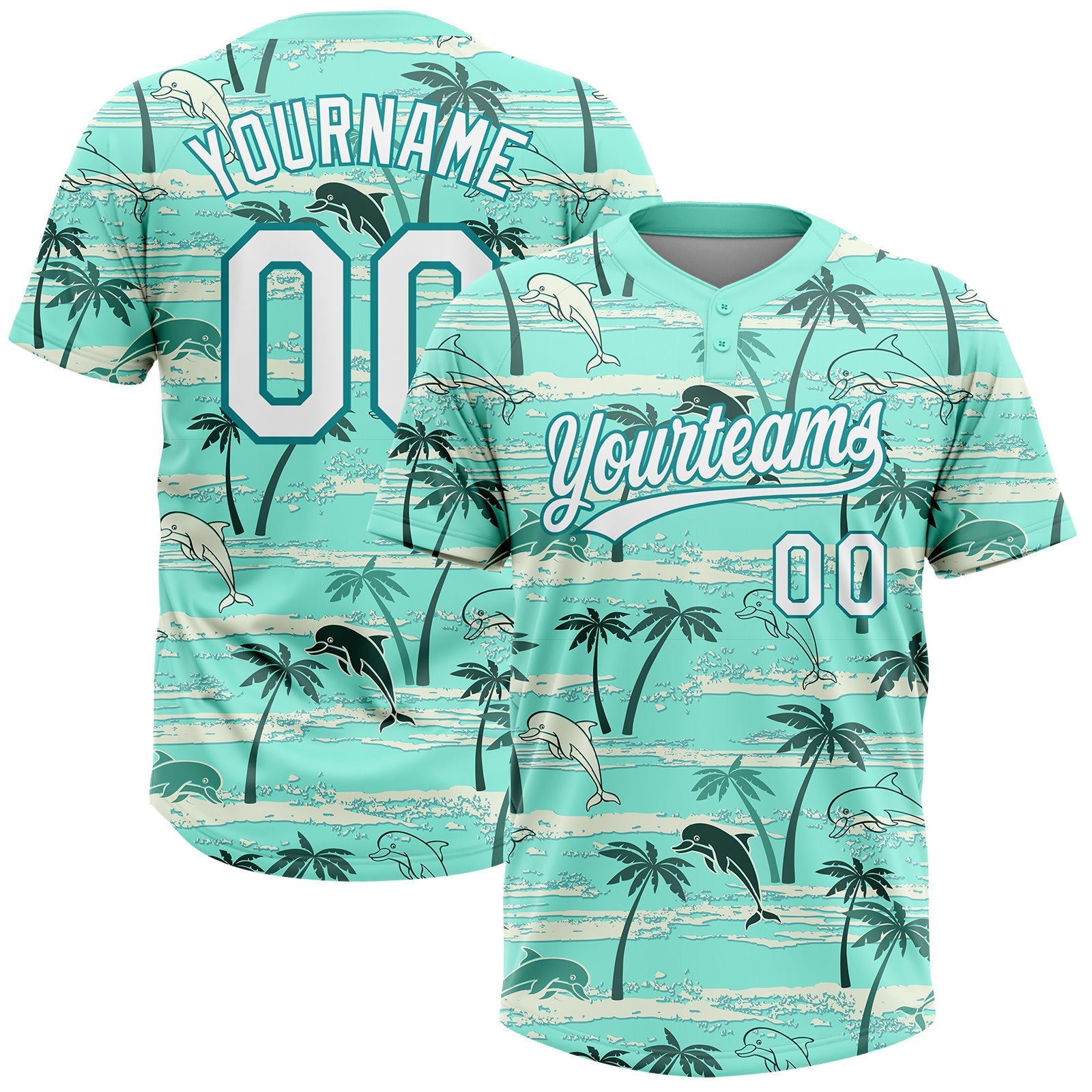 Custom Teal White Hawaii Palm Trees And Dolphin Two-Button Unisex Softball Jersey - Main View