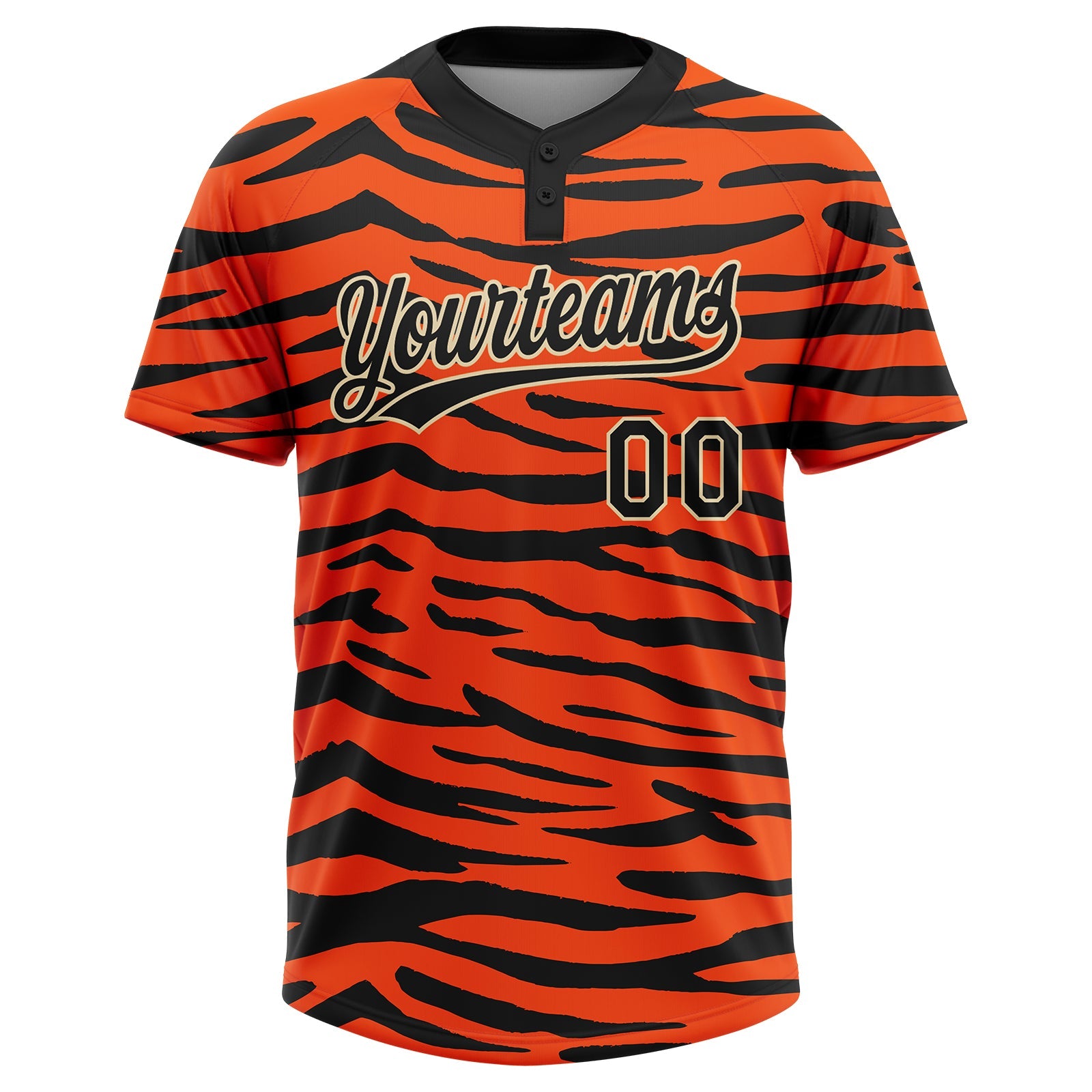 Custom Orange Black-Cream Tiger Print 3D Pattern Design Two-Button Unisex Softball Jersey view 2