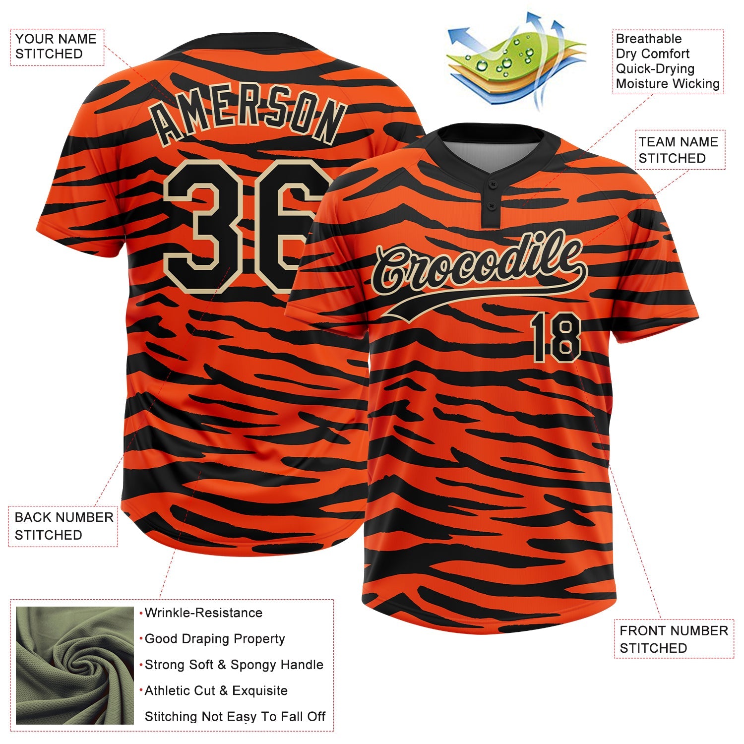 Custom Orange Black-Cream Tiger Print 3D Pattern Design Two-Button Unisex Softball Jersey view 3