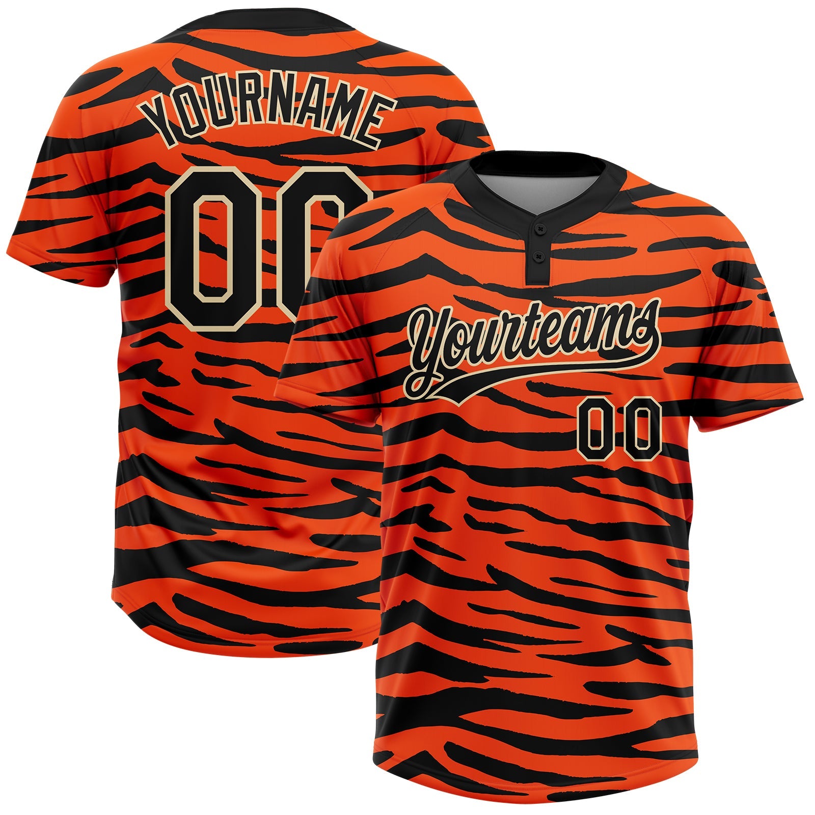 Custom Orange Black-Cream Tiger Print 3D Pattern Design Two-Button Unisex Softball Jersey - Main View