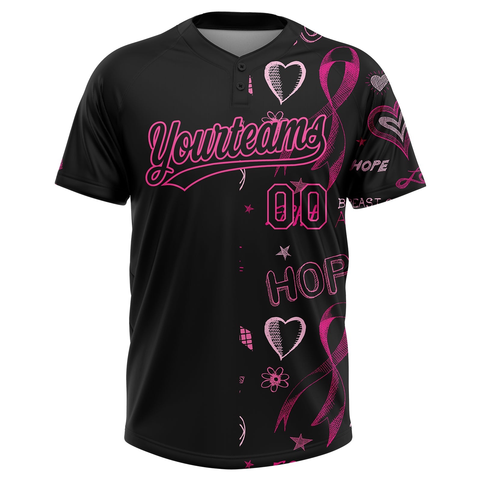 Custom Black Pink Pink Ribbon Breast Cancer Awareness Month Women Health Care Support Two-Button Unisex Softball Jersey view 2