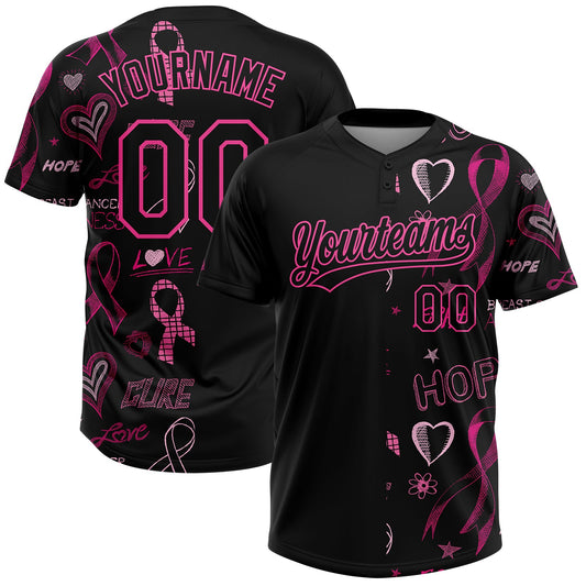 Custom Black Pink Pink Ribbon Breast Cancer Awareness Month Women Health Care Support Two-Button Unisex Softball Jersey - Main View