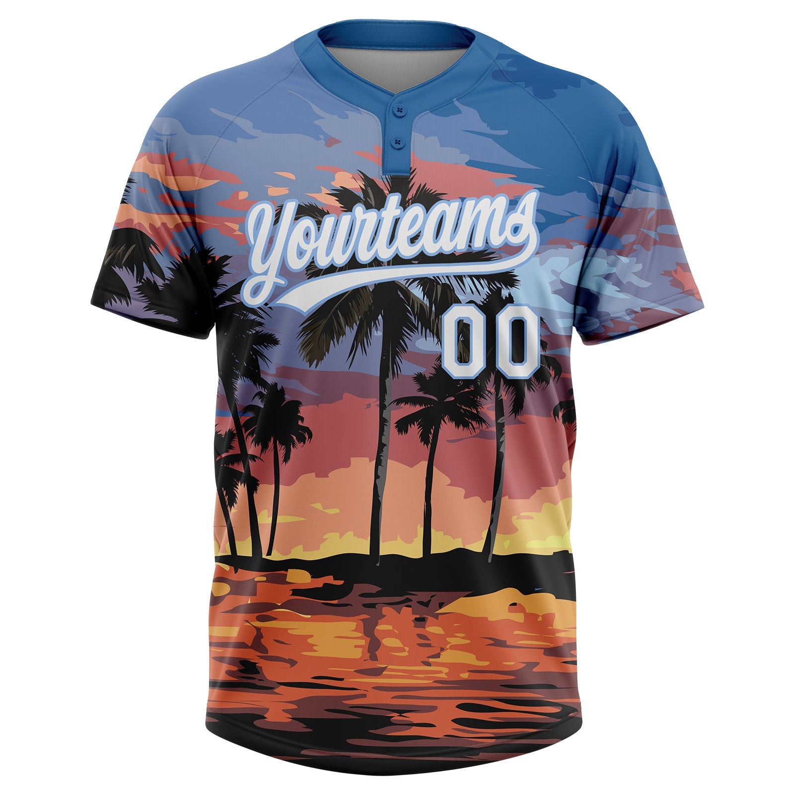 Custom Light Blue White Hawaii Palm Trees Two-Button Unisex Softball Jersey view 2