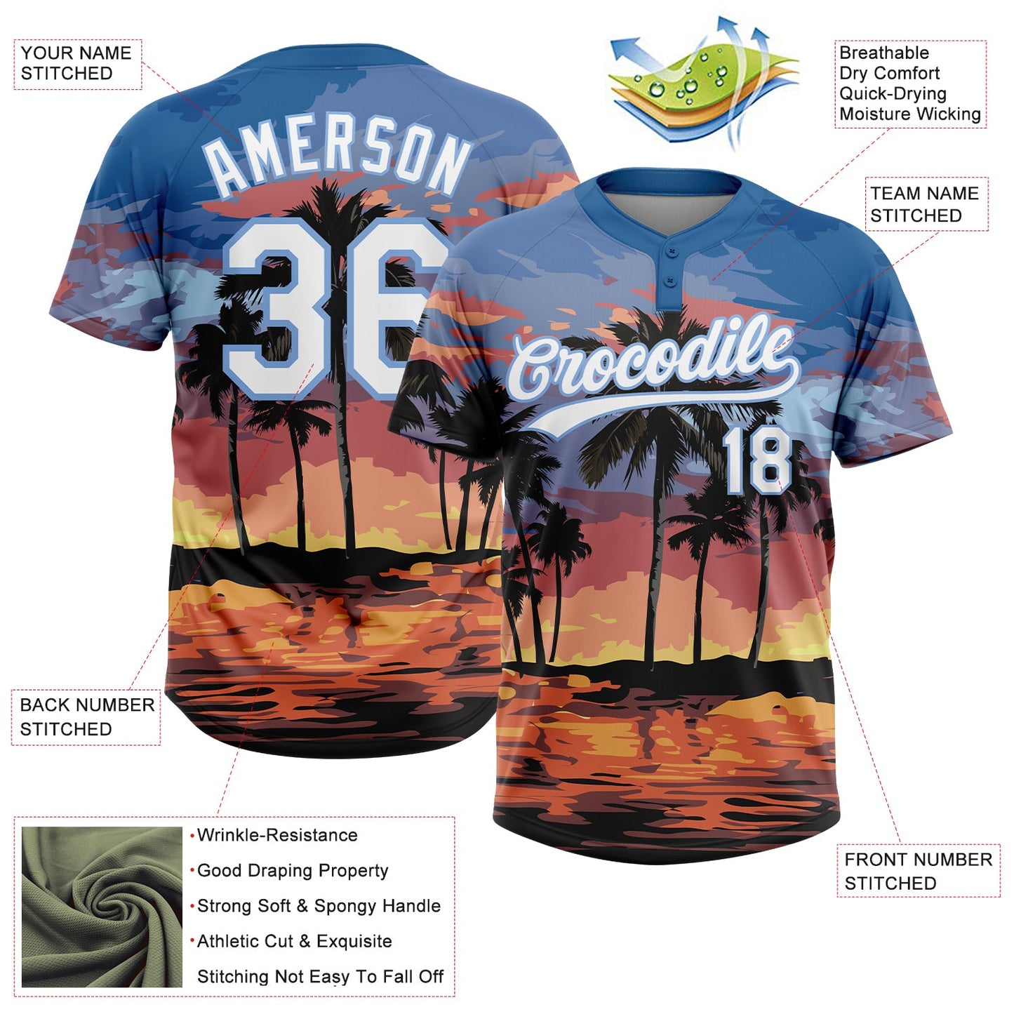Custom Light Blue White Hawaii Palm Trees Two-Button Unisex Softball Jersey view 3