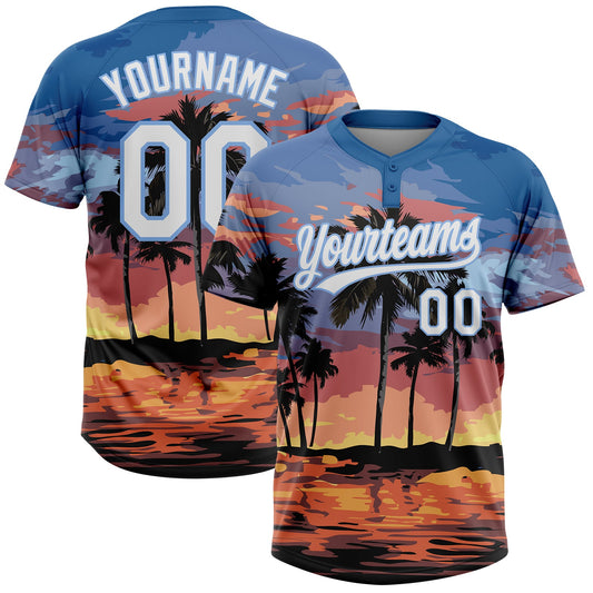 Custom Light Blue White Hawaii Palm Trees Two-Button Unisex Softball Jersey - Main View