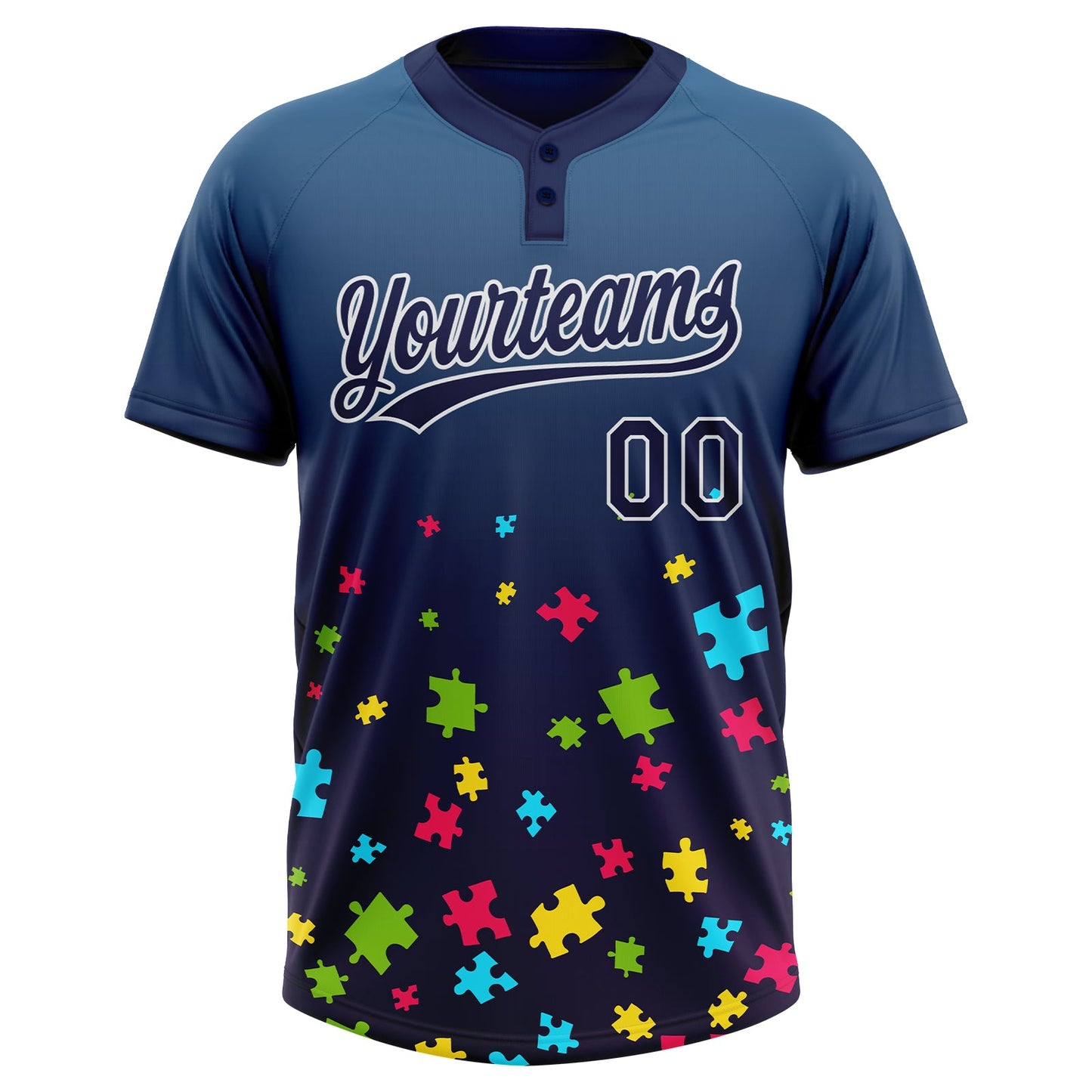 Custom Navy White Puzzle 3D Pattern Design Two-Button Unisex Softball Jersey view 2