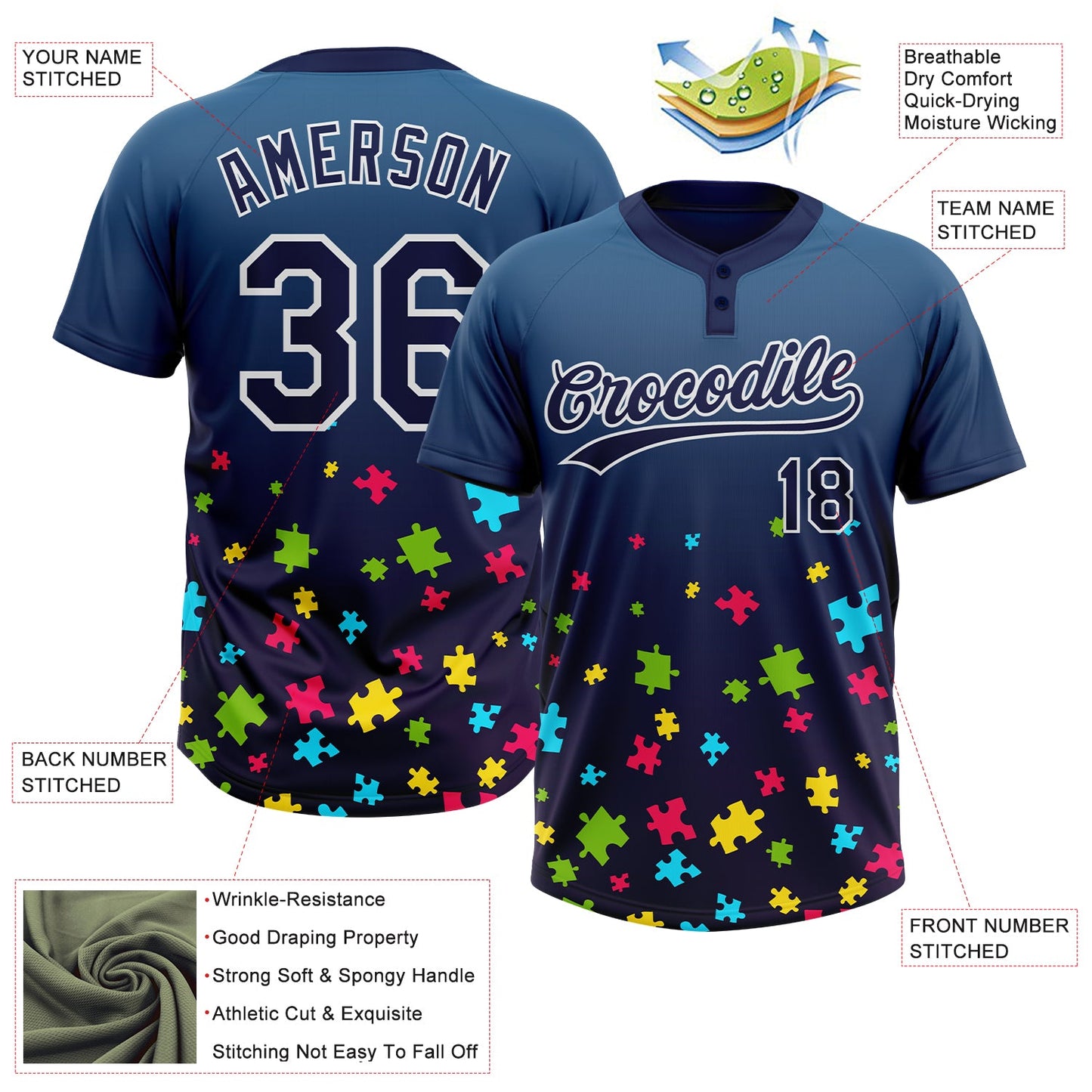 Custom Navy White Puzzle 3D Pattern Design Two-Button Unisex Softball Jersey view 3
