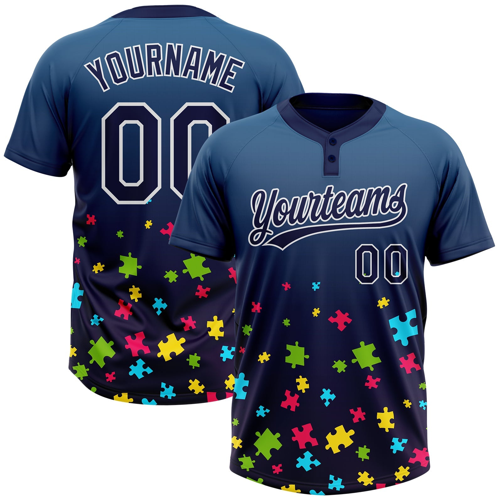 Custom Navy White Puzzle 3D Pattern Design Two-Button Unisex Softball Jersey - Main View