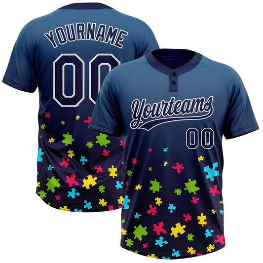 Custom Navy White Puzzle 3D Pattern Design Two-Button Unisex Softball Jersey - Main View