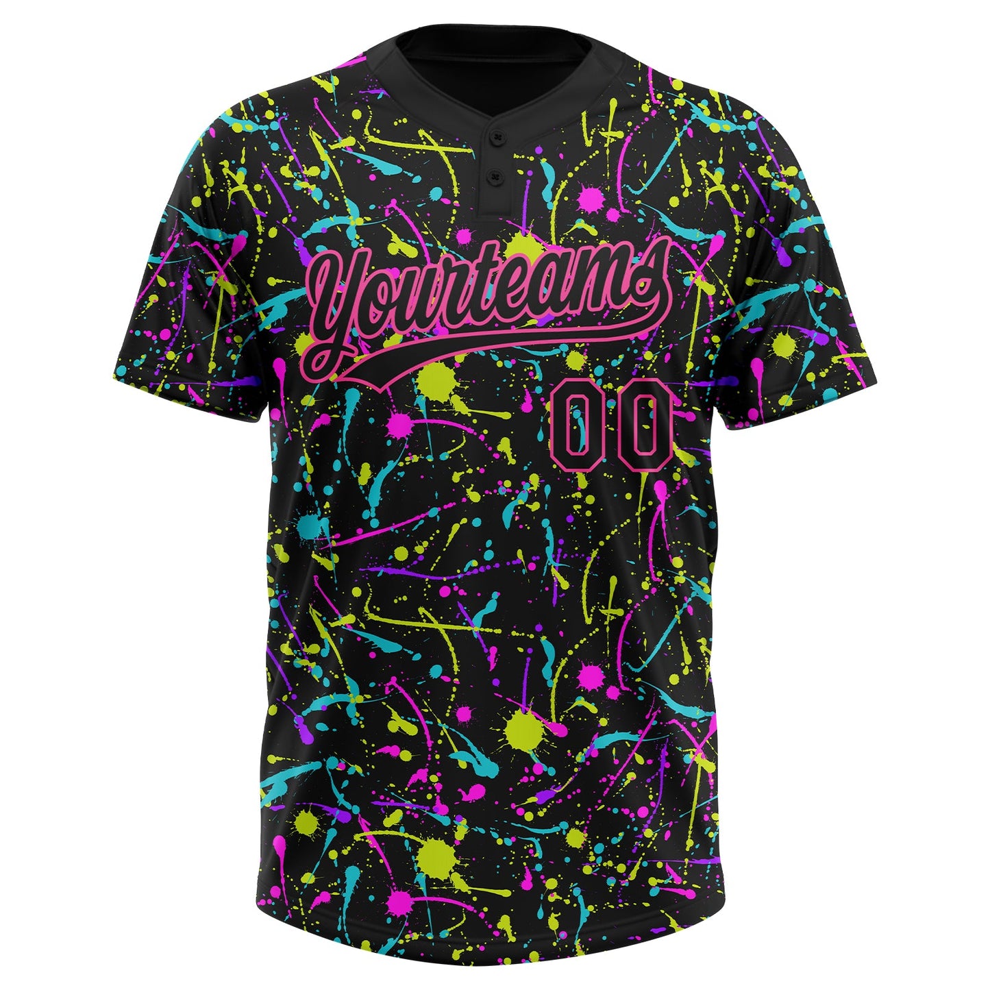 Custom Graffiti Pattern Black-Pink Vibrant Multi-Color Abstract Splatter Two-Button Unisex Softball Jersey view 2
