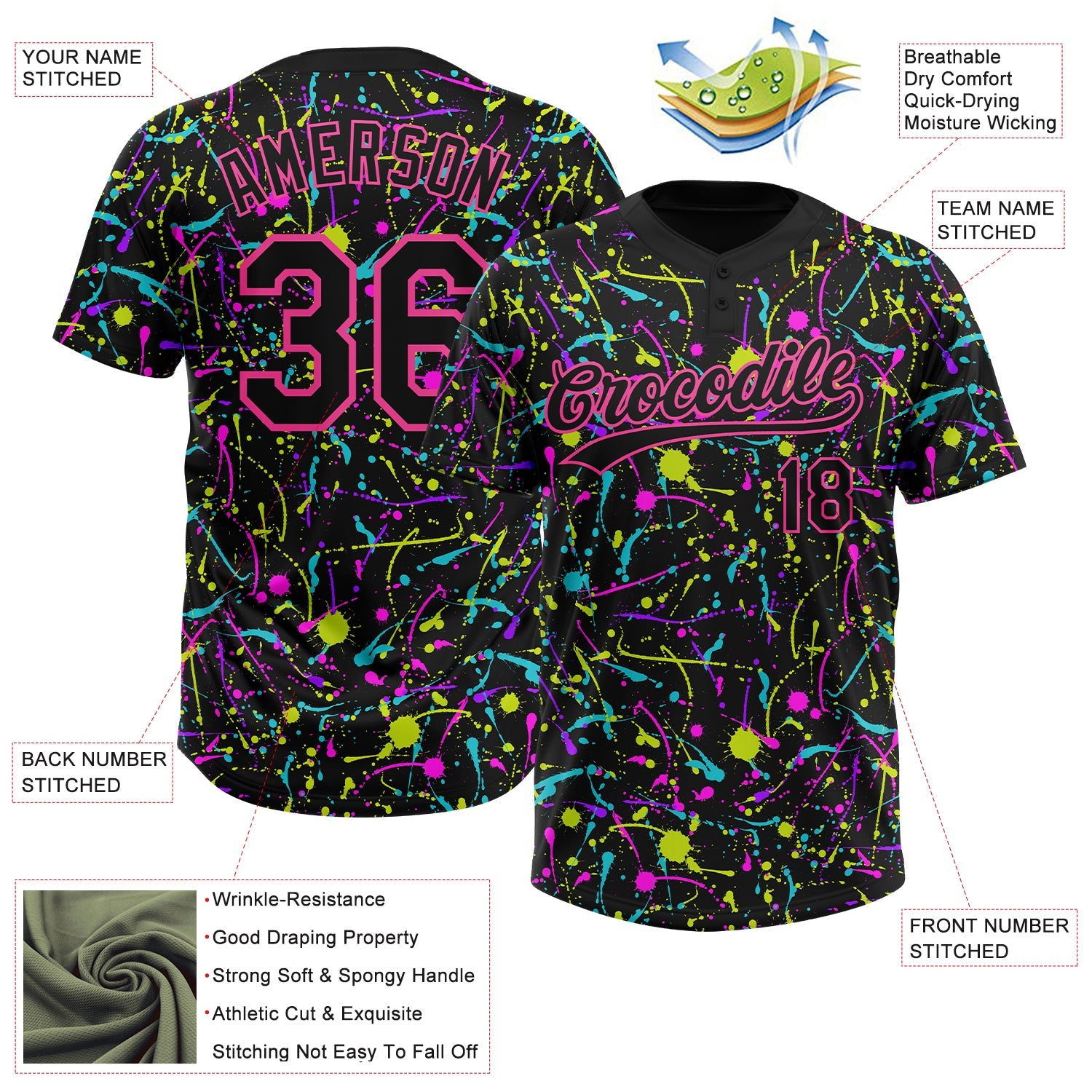 Custom Graffiti Pattern Black-Pink Vibrant Multi-Color Abstract Splatter Two-Button Unisex Softball Jersey view 3