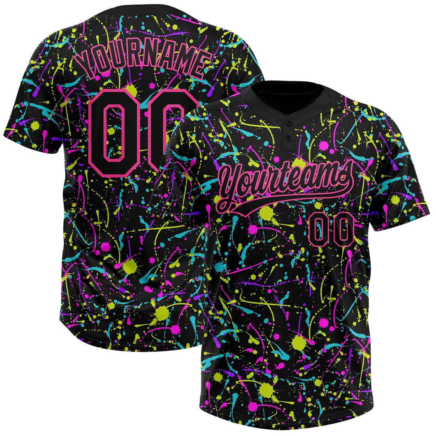 Custom Graffiti Pattern Black-Pink Vibrant Multi-Color Abstract Splatter Two-Button Unisex Softball Jersey - Main View