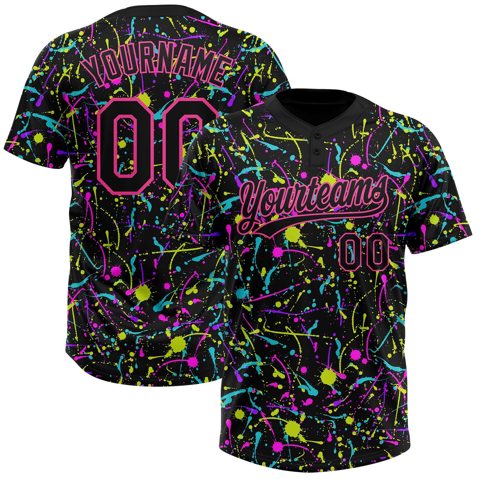 Custom Graffiti Pattern Black-Pink Vibrant Multi-Color Abstract Splatter Two-Button Unisex Softball Jersey - Main View