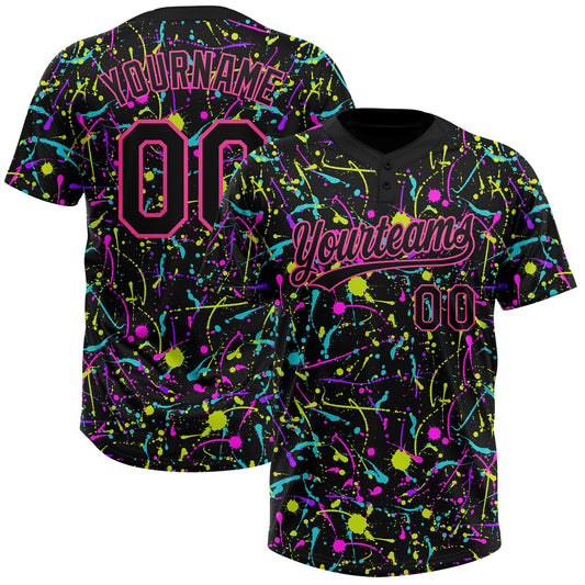 Custom Graffiti Pattern Black-Pink Vibrant Multi-Color Abstract Splatter Two-Button Unisex Softball Jersey - Main View