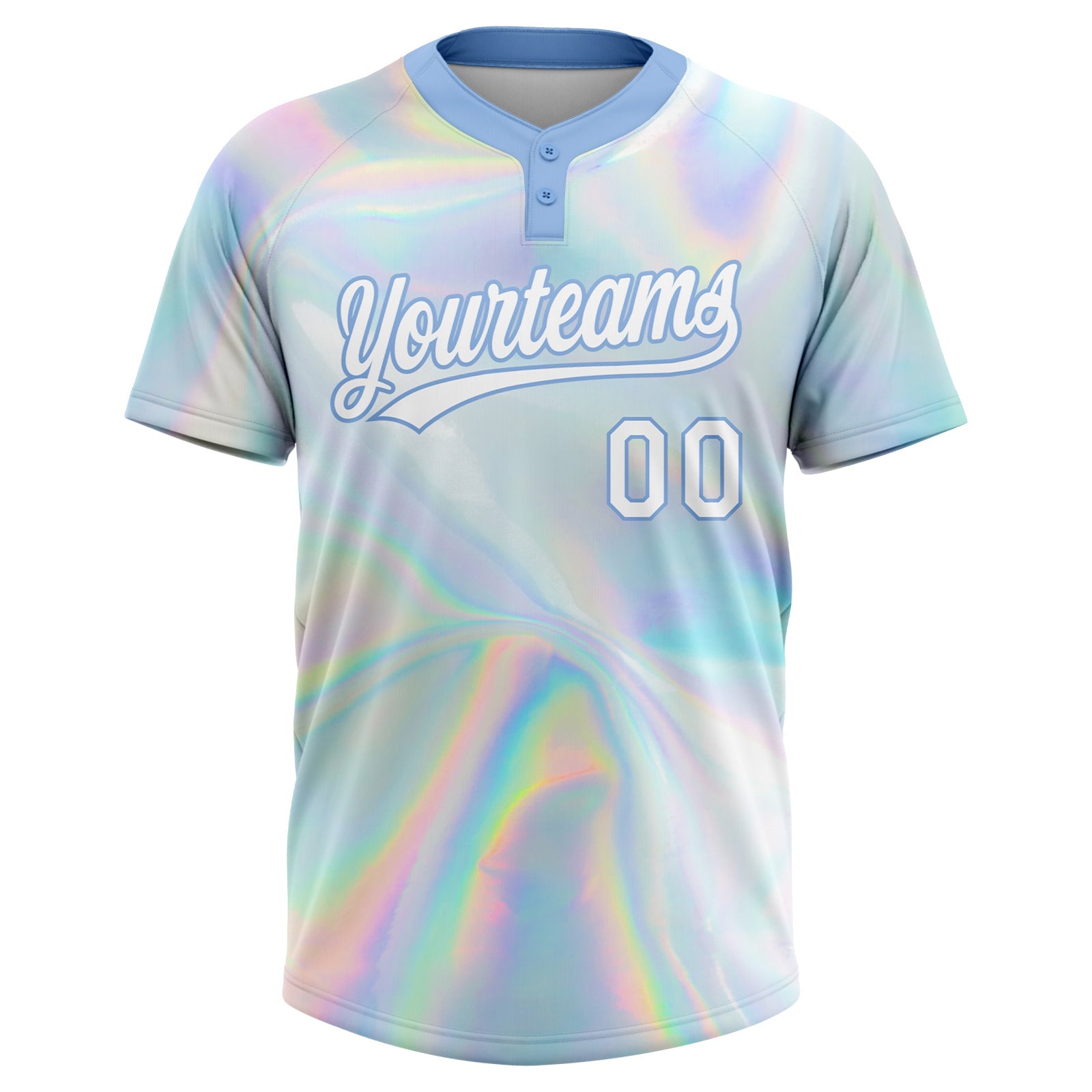 Custom White Light Blue Abstract Trendy Holographic Vaporwave Style 3D Pattern Design Two-Button Unisex Softball Jersey view 2