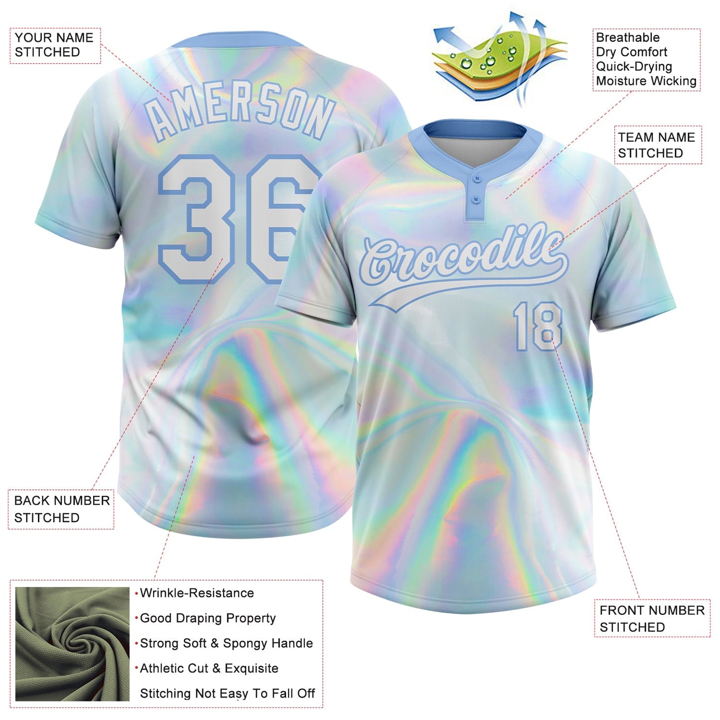 Custom White Light Blue Abstract Trendy Holographic Vaporwave Style 3D Pattern Design Two-Button Unisex Softball Jersey view 3