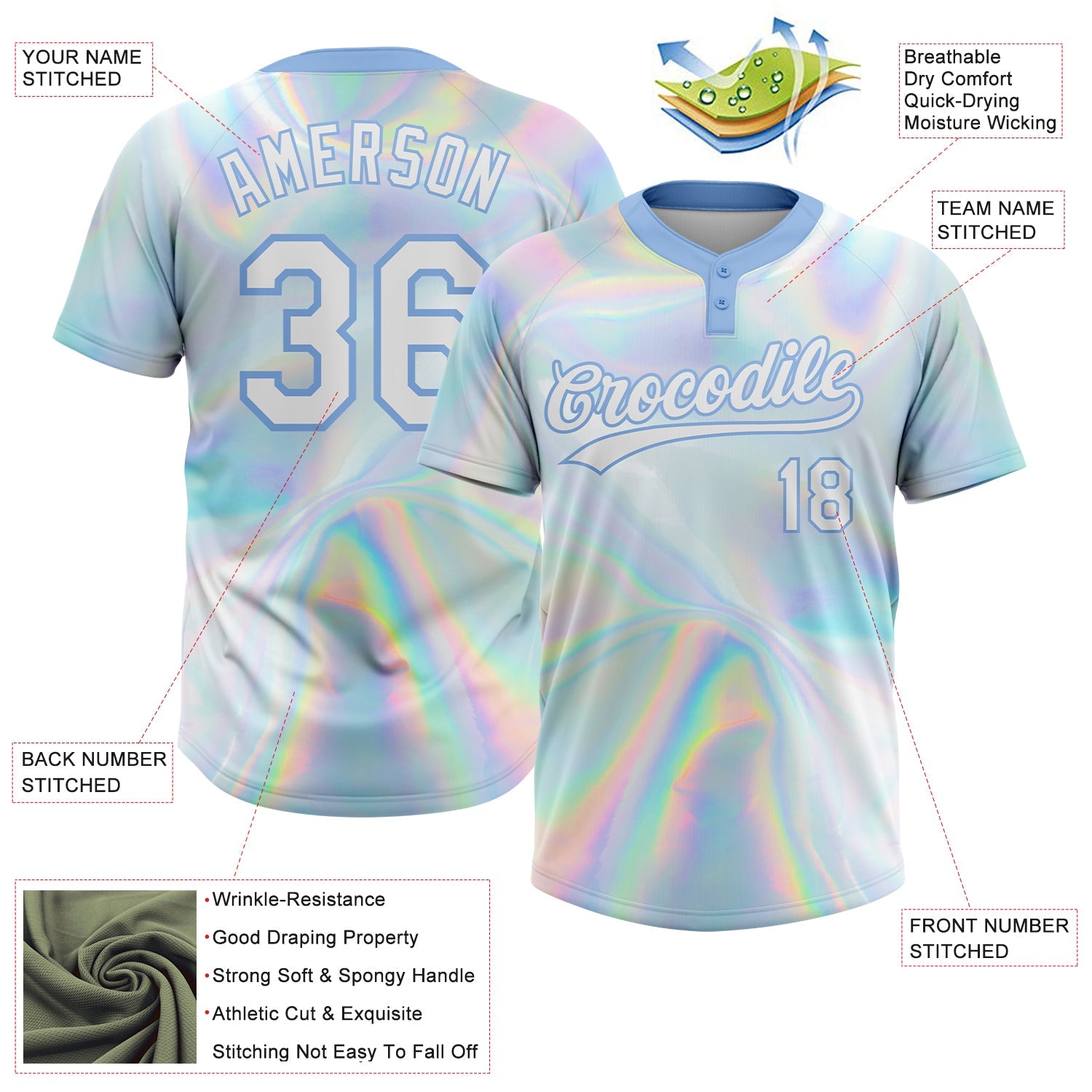 Custom White Light Blue Abstract Trendy Holographic Vaporwave Style 3D Pattern Design Two-Button Unisex Softball Jersey view 3