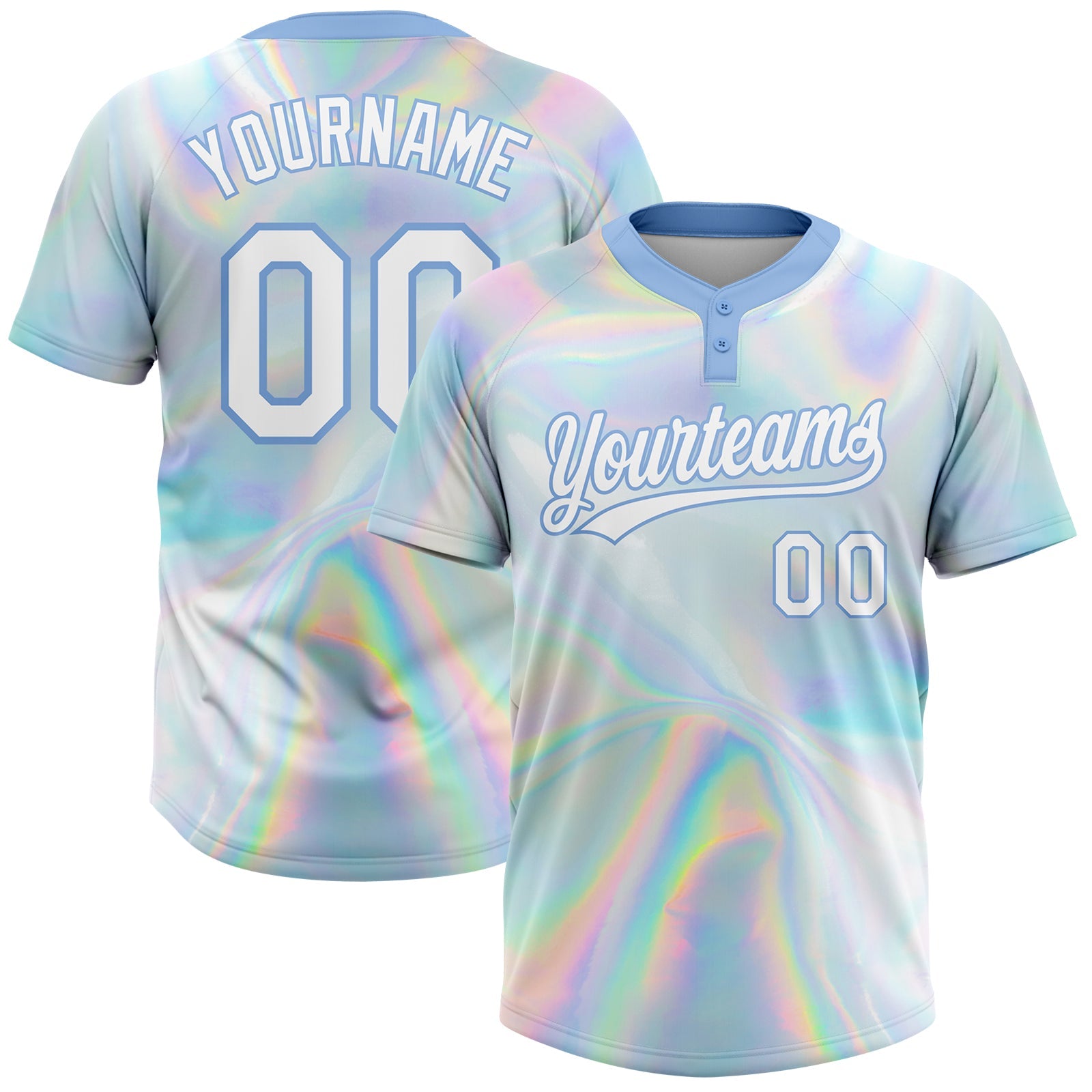 Custom White Light Blue Abstract Trendy Holographic Vaporwave Style 3D Pattern Design Two-Button Unisex Softball Jersey - Main View