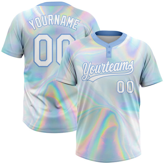 Custom White Light Blue Abstract Trendy Holographic Vaporwave Style 3D Pattern Design Two-Button Unisex Softball Jersey - Main View