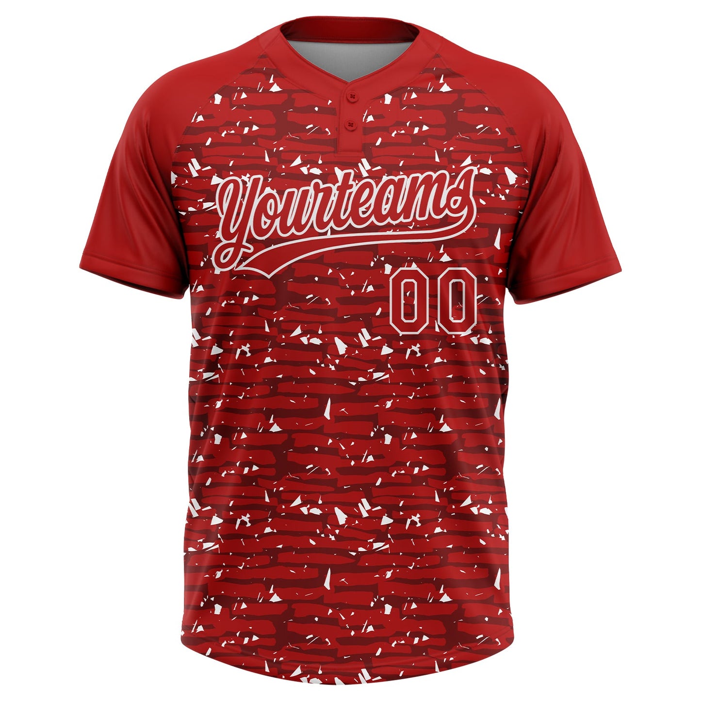 Custom Red-White Raglan Sleeves Distressed Fragment Brush Stroke Two-Button Unisex Softball Jersey view 2