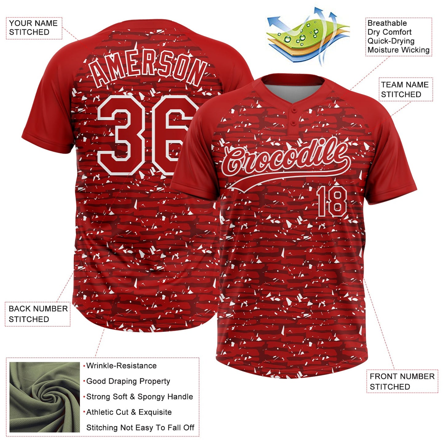 Custom Red-White Raglan Sleeves Distressed Fragment Brush Stroke Two-Button Unisex Softball Jersey view 3