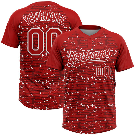 Custom Red-White Raglan Sleeves Distressed Fragment Brush Stroke Two-Button Unisex Softball Jersey - Main View