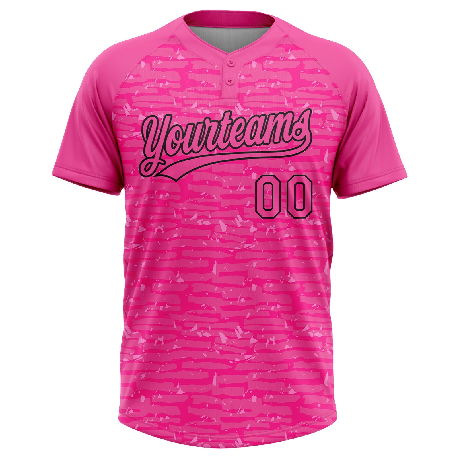 Custom Pink-Black Raglan Sleeves Distressed Fragment Brush Stroke Two-Button Unisex Softball Jersey view 2