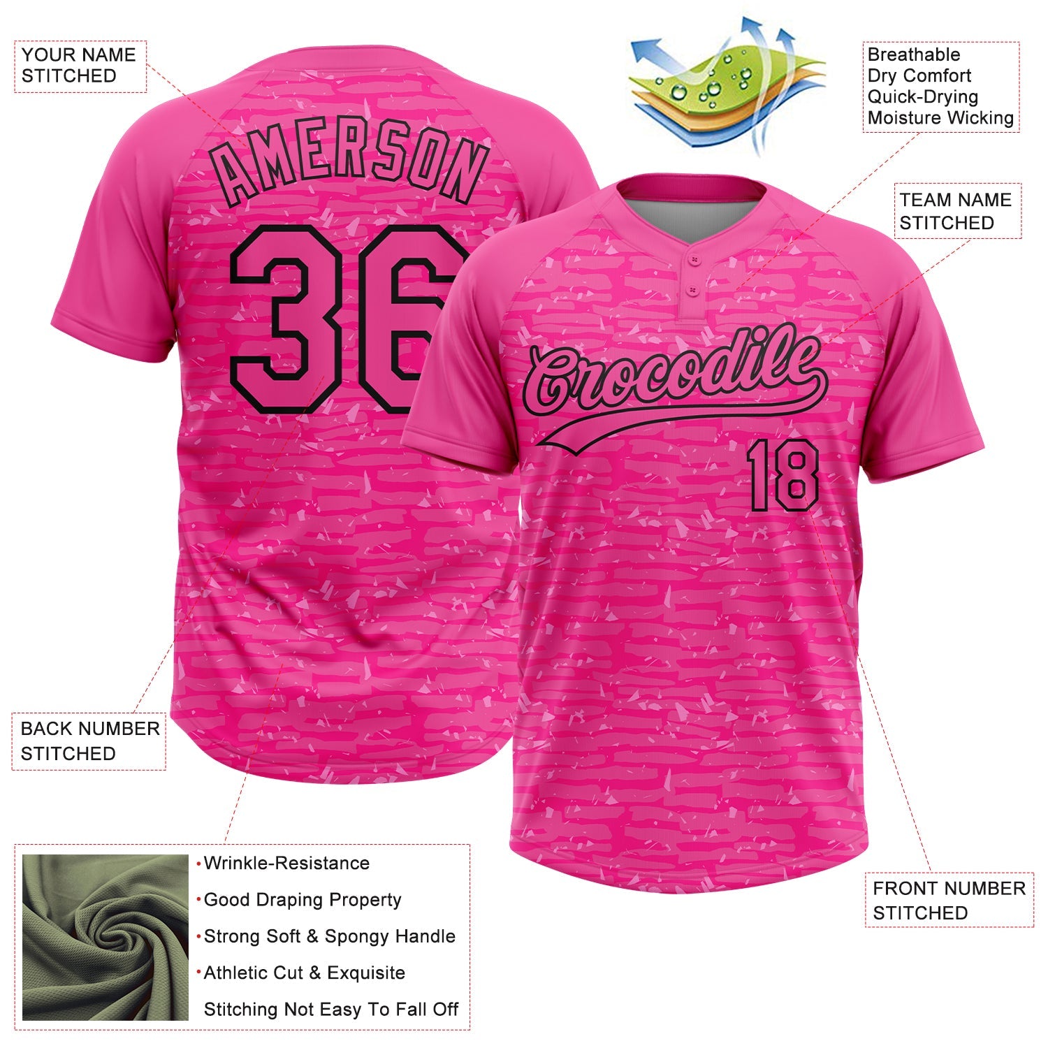 Custom Pink-Black Raglan Sleeves Distressed Fragment Brush Stroke Two-Button Unisex Softball Jersey view 3