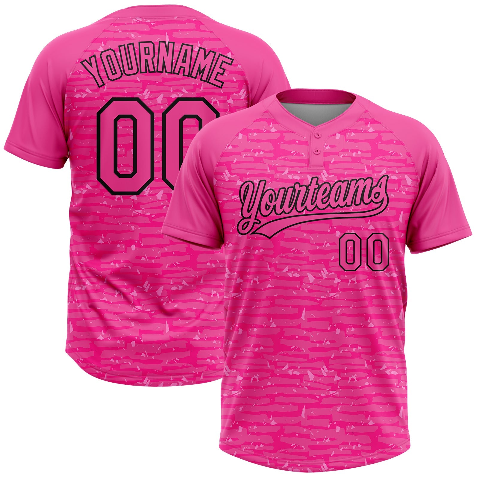 Custom Pink-Black Raglan Sleeves Distressed Fragment Brush Stroke Two-Button Unisex Softball Jersey - Main View