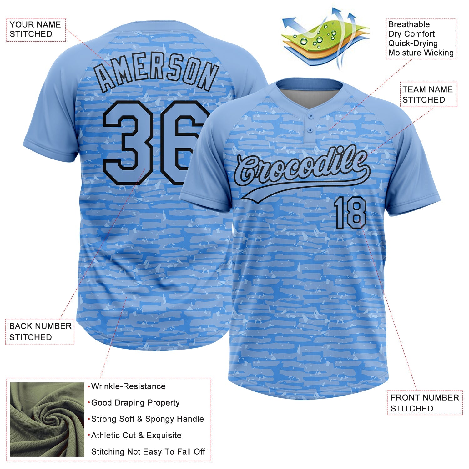 Custom Light Blue-Black Raglan Sleeves Distressed Fragment Brush Stroke Two-Button Unisex Softball Jersey view 3
