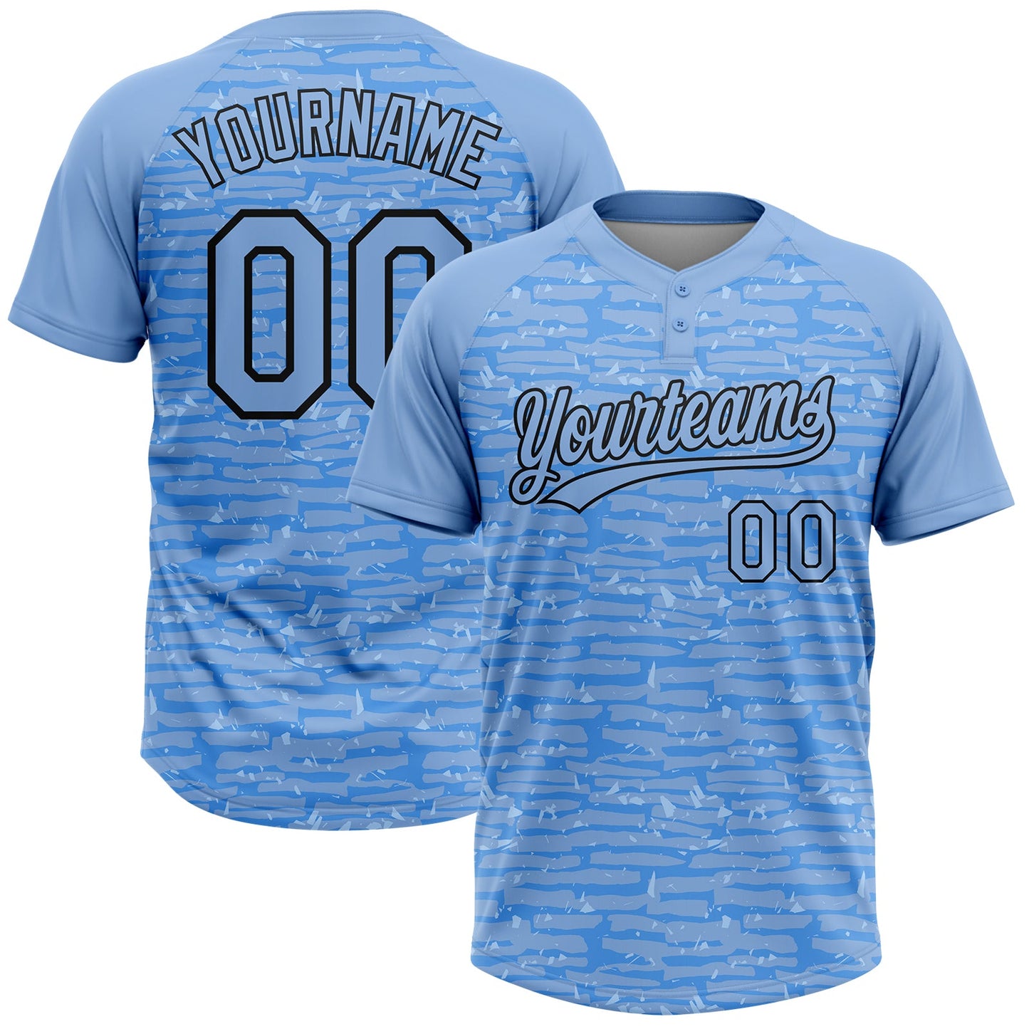 Custom Light Blue-Black Raglan Sleeves Distressed Fragment Brush Stroke Two-Button Unisex Softball Jersey - Main View