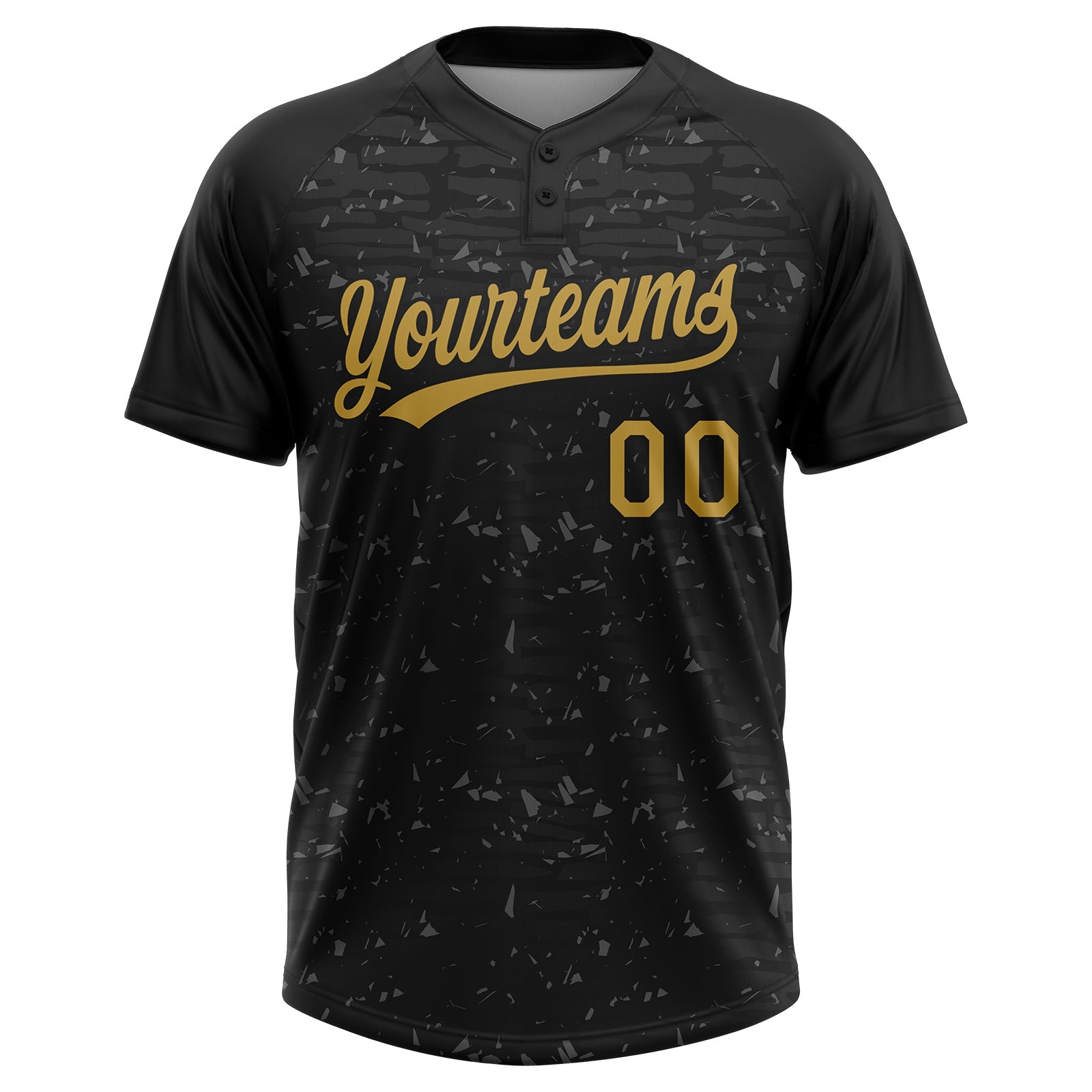 Custom Black-Old Gold Raglan Sleeves Distressed Fragment Brush Stroke Two-Button Unisex Softball Jersey view 2
