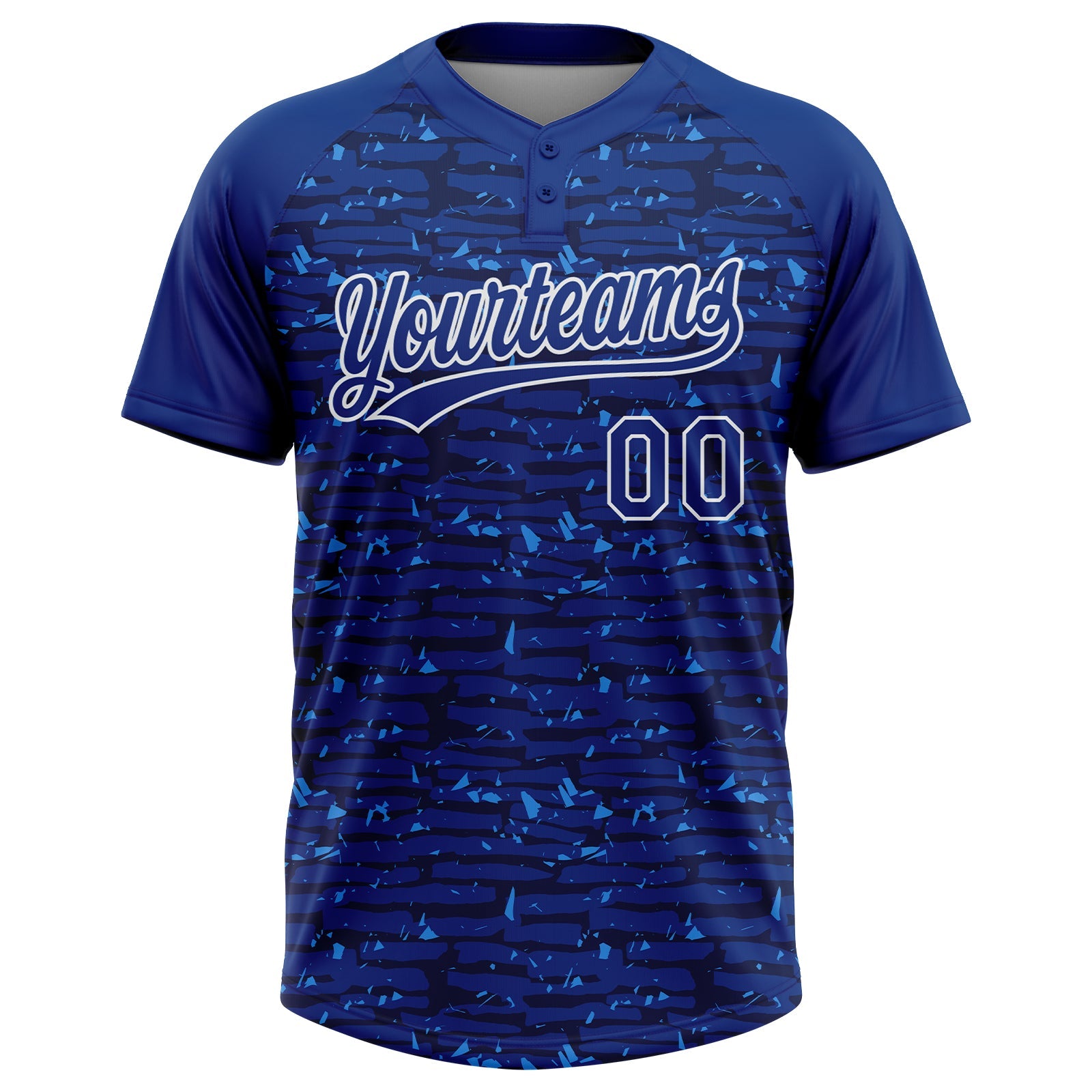 Custom Royal-White Raglan Sleeves Distressed Fragment Brush Stroke Two-Button Unisex Softball Jersey view 2