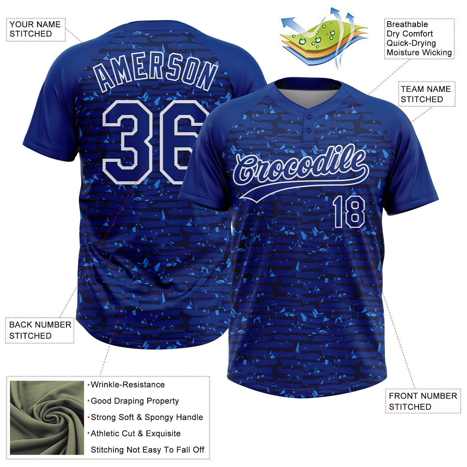Custom Royal-White Raglan Sleeves Distressed Fragment Brush Stroke Two-Button Unisex Softball Jersey view 3
