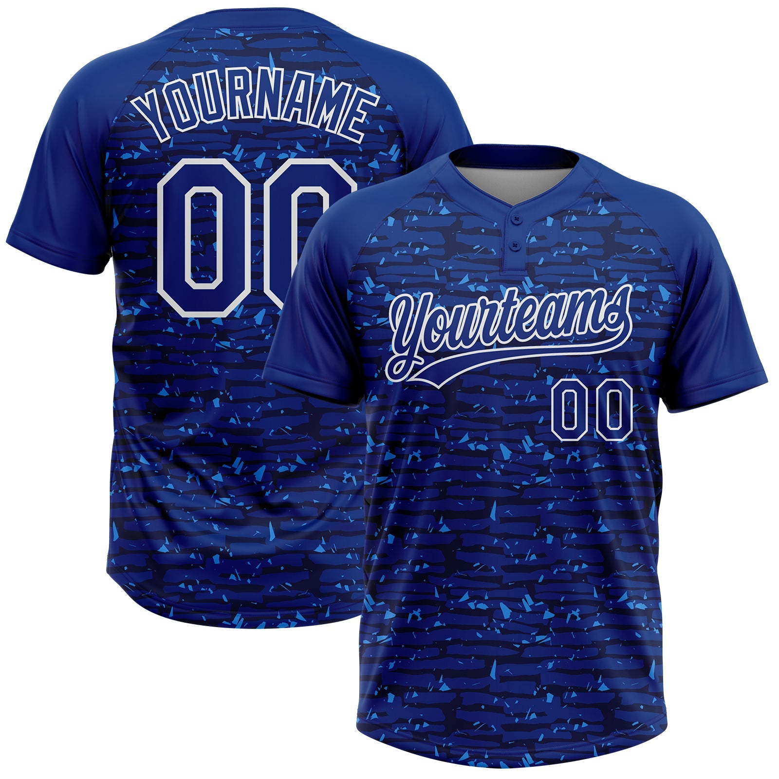 Custom Royal-White Raglan Sleeves Distressed Fragment Brush Stroke Two-Button Unisex Softball Jersey - Main View