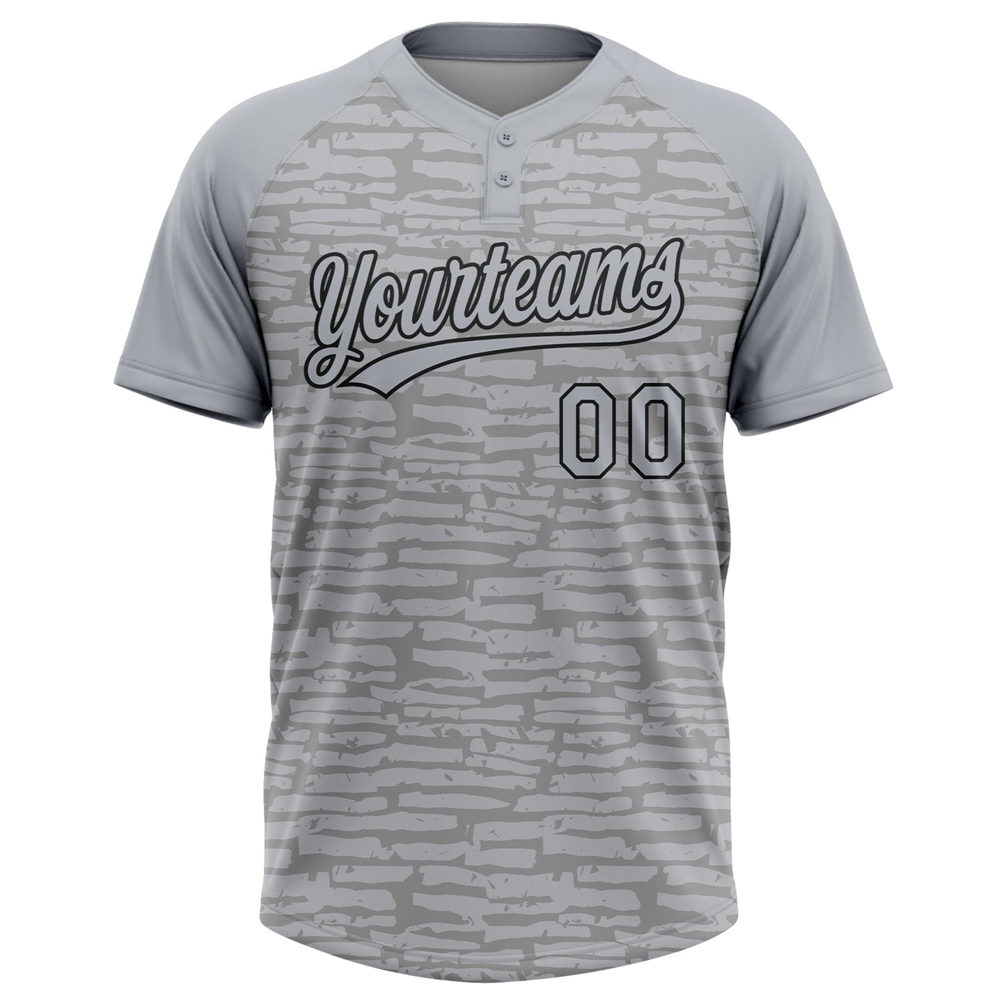 Custom Gray-Black Raglan Sleeves Distressed Fragment Brush Stroke Two-Button Unisex Softball Jersey view 2