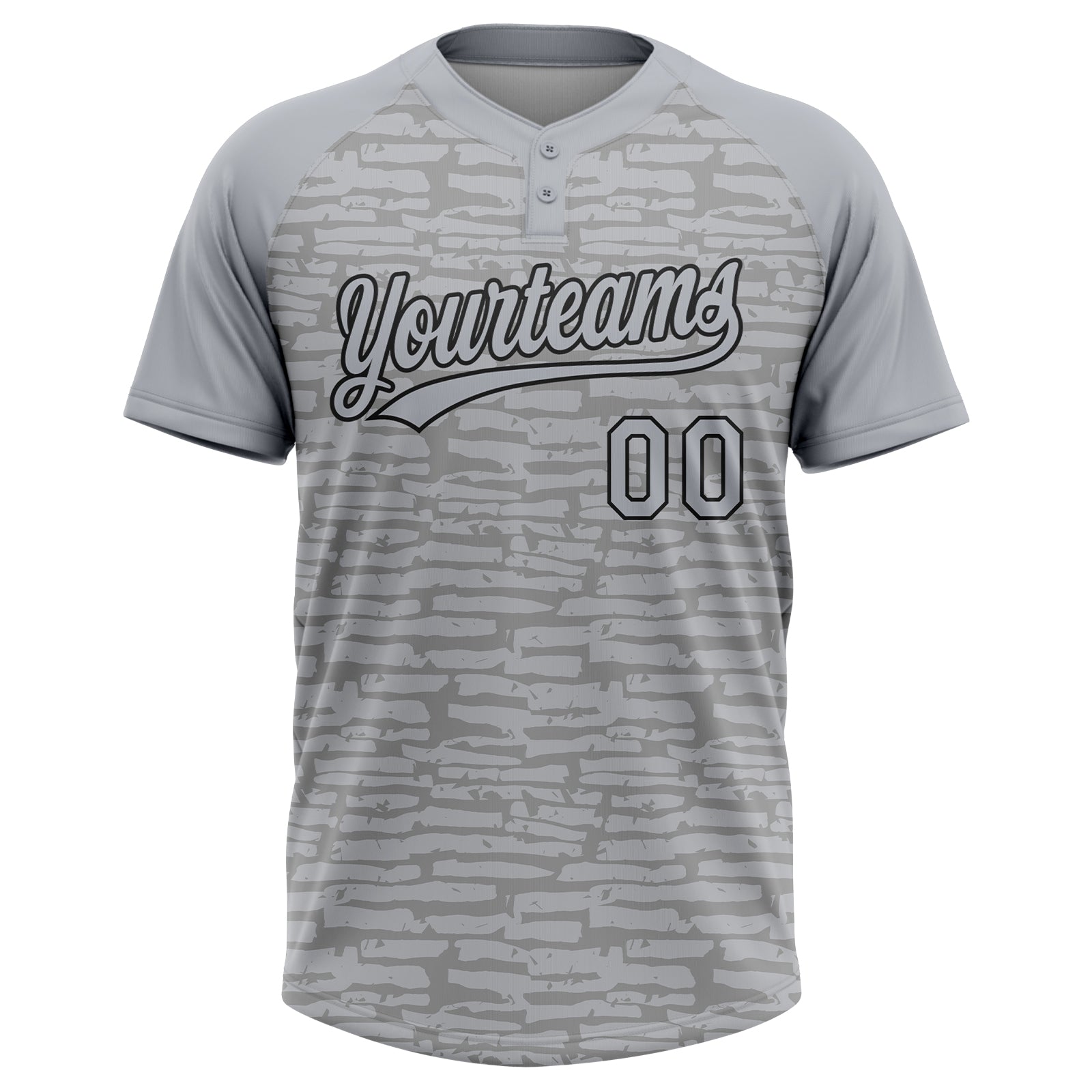 Custom Gray-Black Raglan Sleeves Distressed Fragment Brush Stroke Two-Button Unisex Softball Jersey view 2