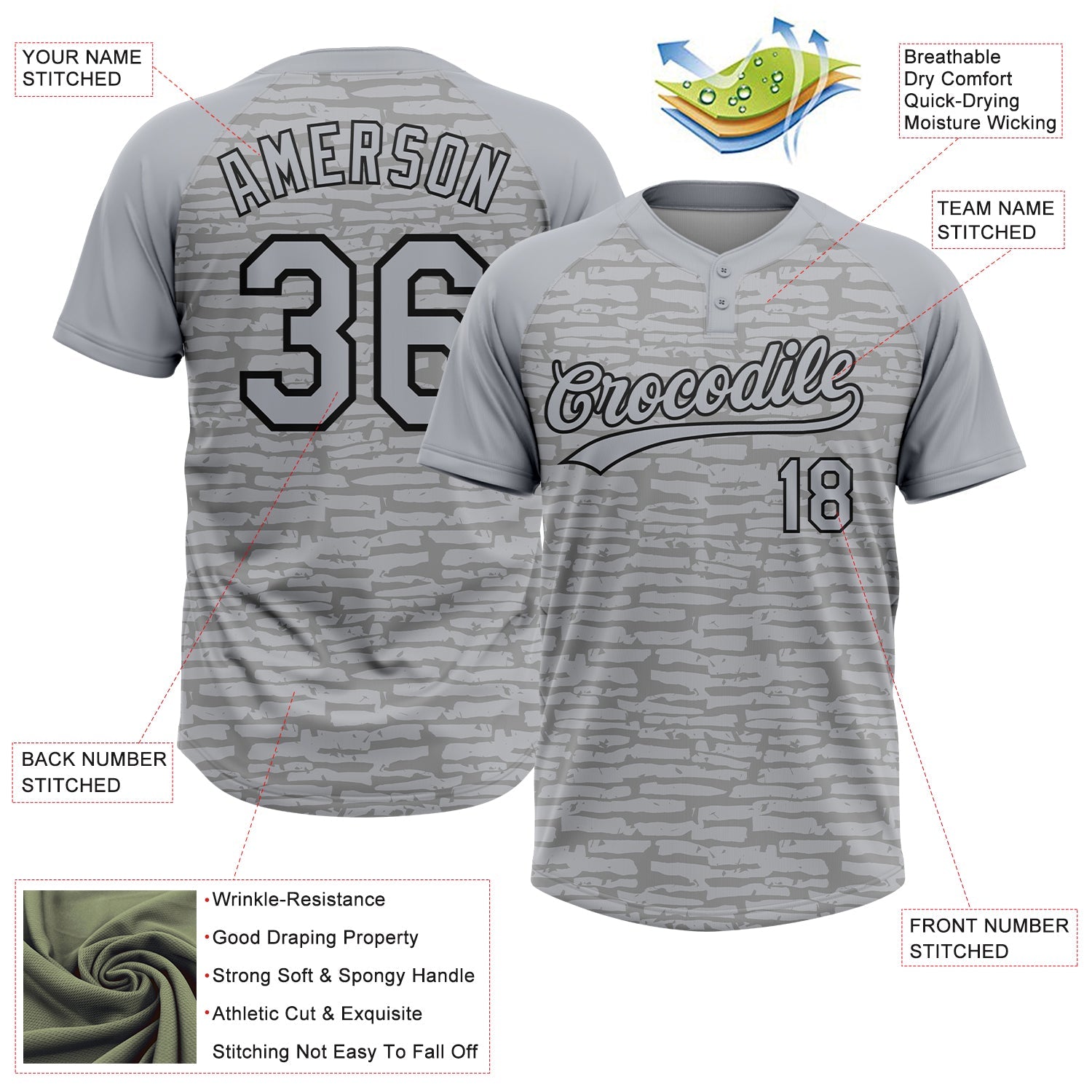 Custom Gray-Black Raglan Sleeves Distressed Fragment Brush Stroke Two-Button Unisex Softball Jersey view 3