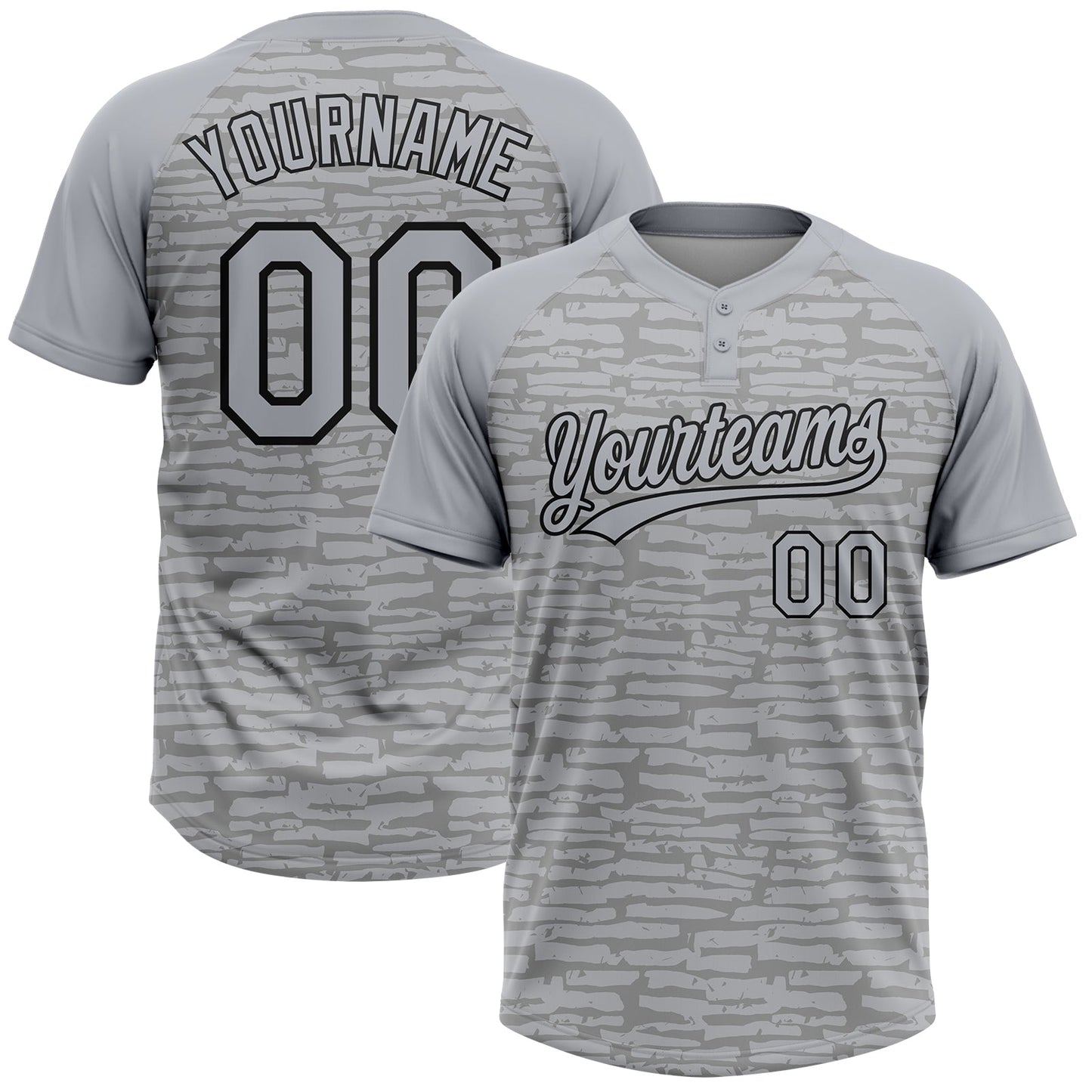 Custom Gray-Black Raglan Sleeves Distressed Fragment Brush Stroke Two-Button Unisex Softball Jersey - Main View