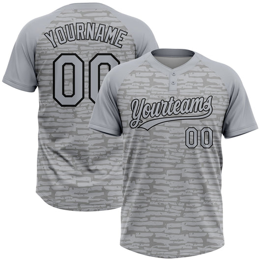 Custom Gray-Black Raglan Sleeves Distressed Fragment Brush Stroke Two-Button Unisex Softball Jersey - Main View